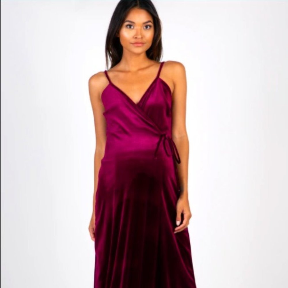 Burgundy Velvet Wrap Self Tie Maternity Maxi Dress